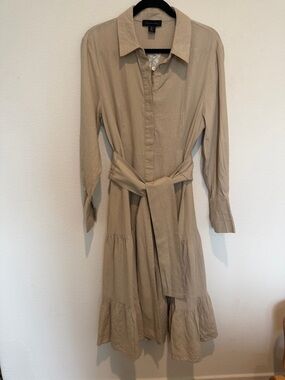 Tahari Beige Long-Sleeve Shirt Midi Dress with Self-Tie Waist
